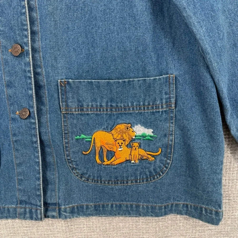 Vintage Casey Coleman Denim Safari Animal Chore Jacket Women ML Embroidered Boho - Picture 7 of 13